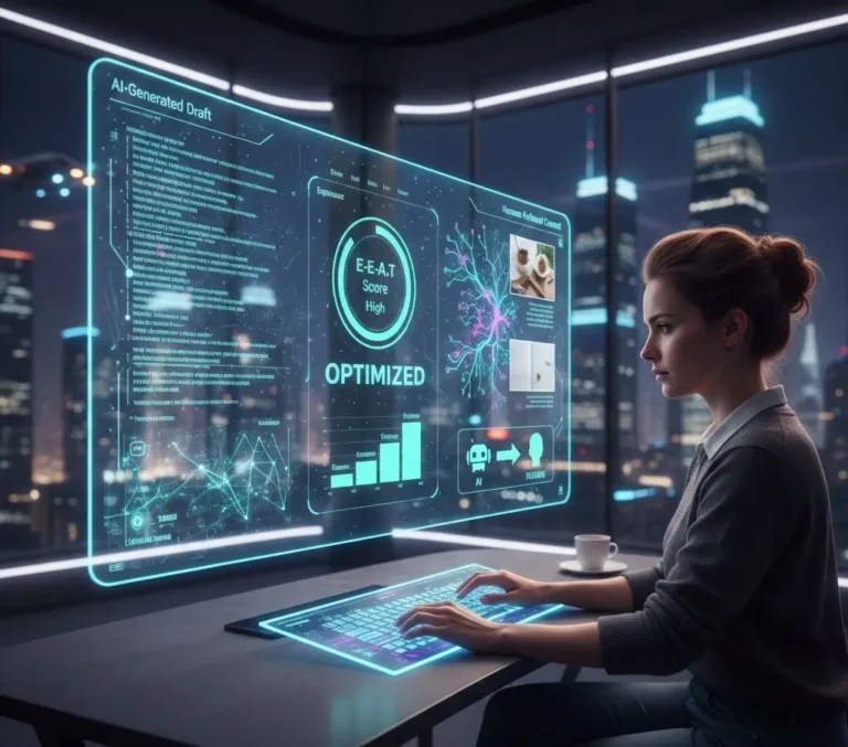 AI content vs human content for SEO in 2026 showing hybrid optimization and E-E-A-T strategy