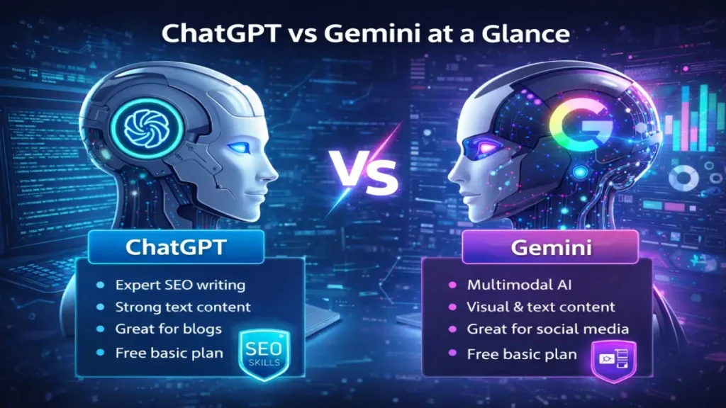 ChatGPT vs Gemini AI feature comparison for content creation and SEO in 2026