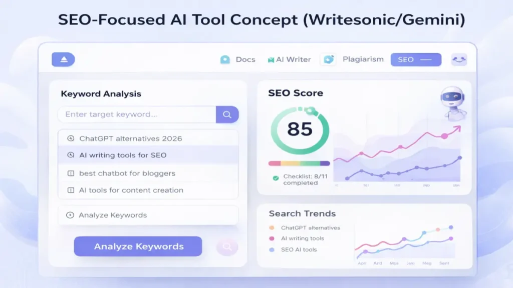 SEO-focused AI tool dashboard showing keyword analysis, SEO score, and search trends graph