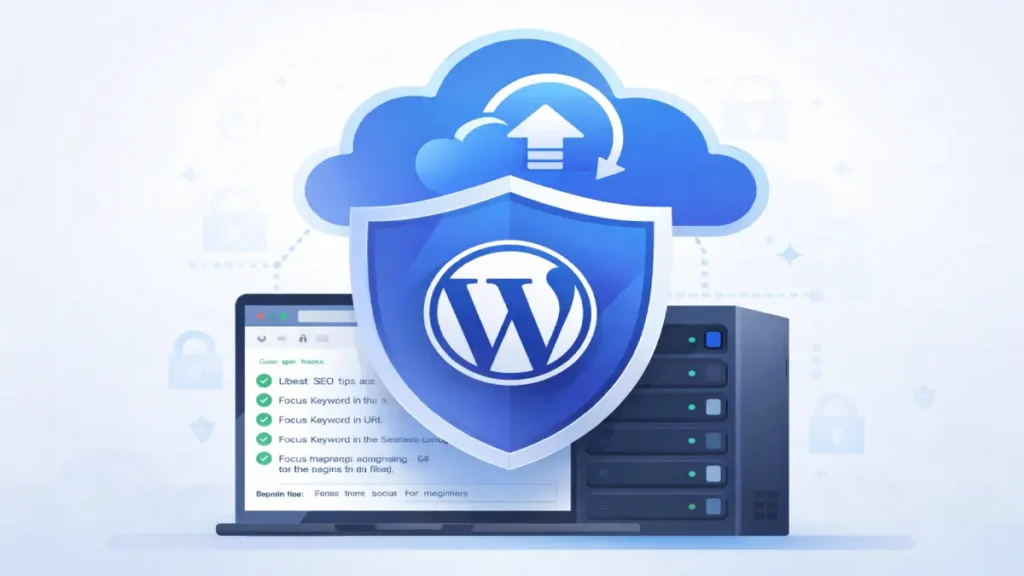 WordPress website security shield with cloud backup protection illustration