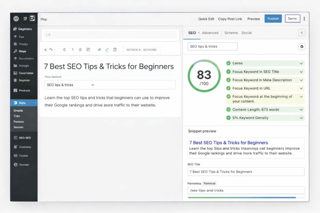 WordPress SEO plugin dashboard showing keyword optimization and meta settings