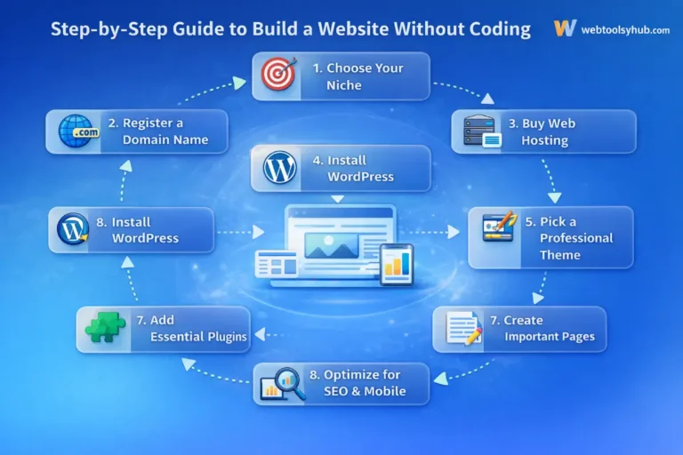 Infographic showing steps to create a website without coding