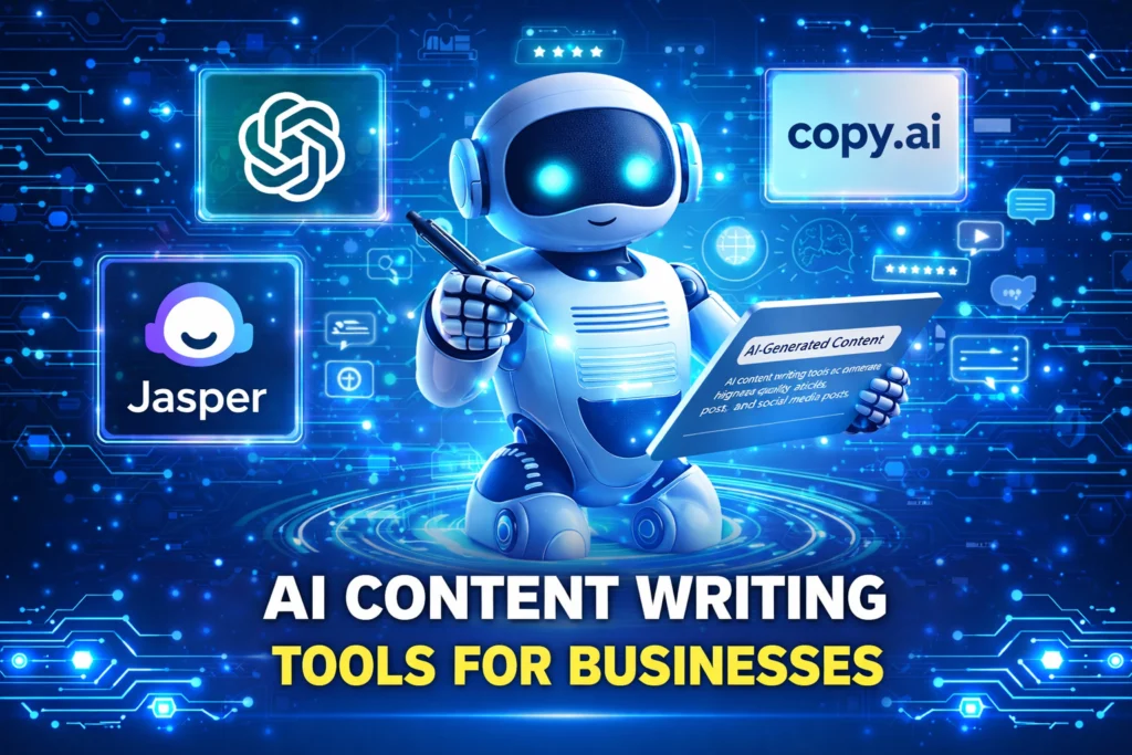 AI content writing tools for businesses including ChatGPT, Jasper AI, and Copy.ai for marketing and blogging