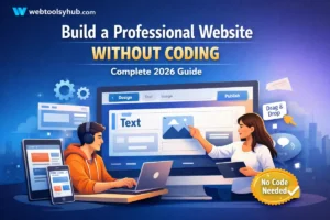 Step-by-step guide showing how to build a professional website without coding using WordPress, Wix, and Shopify