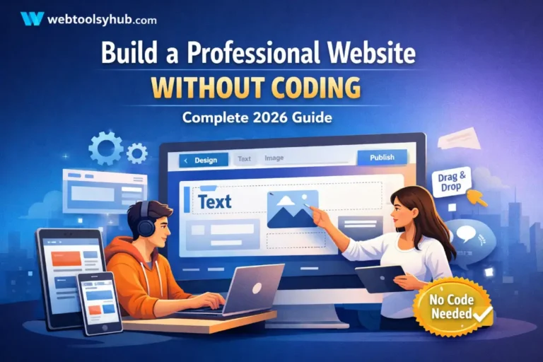 Step-by-step guide showing how to build a professional website without coding using WordPress, Wix, and Shopify