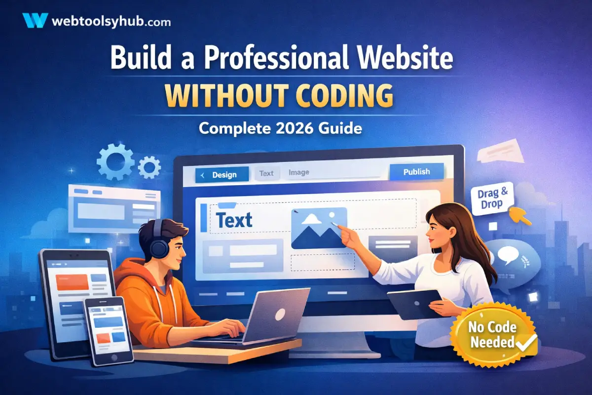 Step-by-step guide showing how to build a professional website without coding using WordPress, Wix, and Shopify