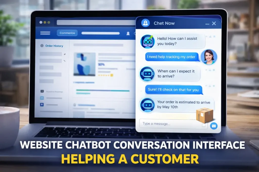 AI chatbot customer support interface helping users with order tracking and queries
