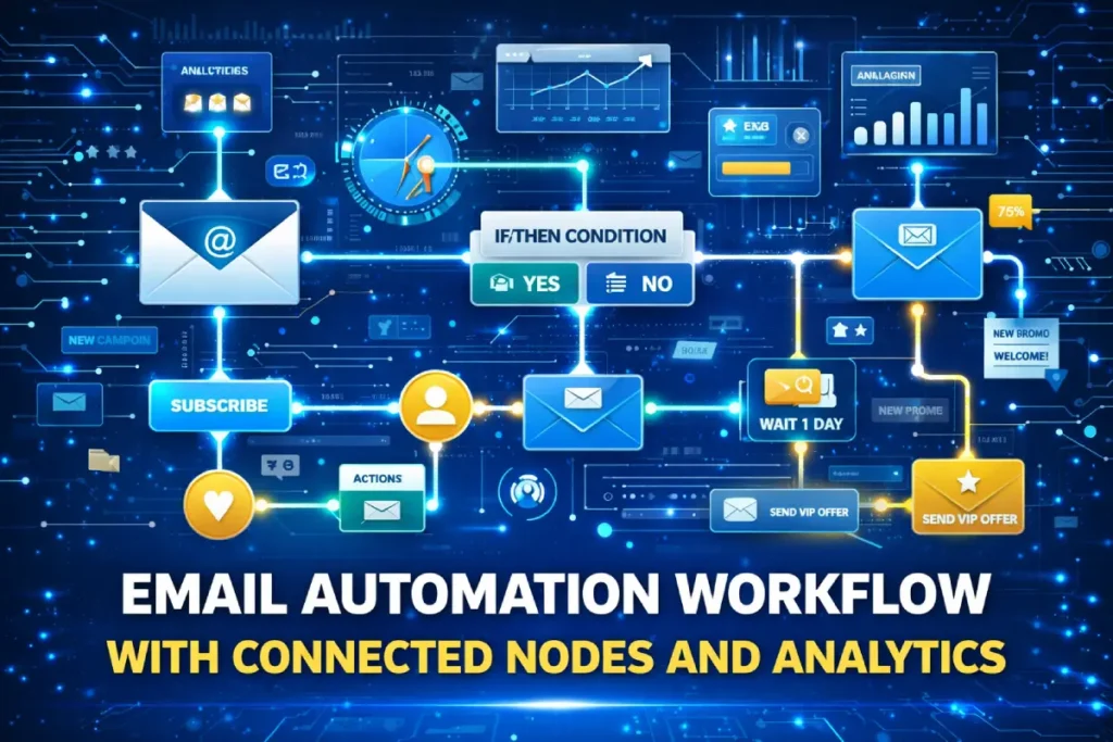 AI email marketing automation workflow showing customer journey, analytics, and automated campaigns